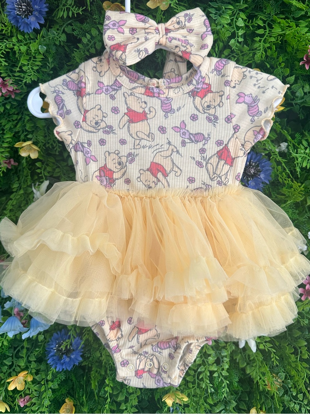 BABY DISNEY Winnie the Pooh Yellow Tutu Onesie with Bow Headband - 6-9 Months